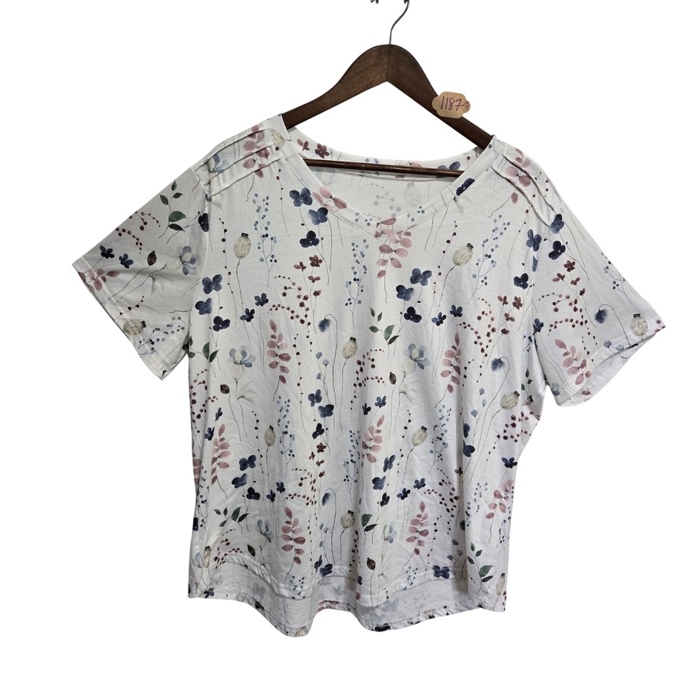 EWEI Women 3XL Floral Watercolor V-Neck Short Sleeve Pleated Shoulder Knit Top